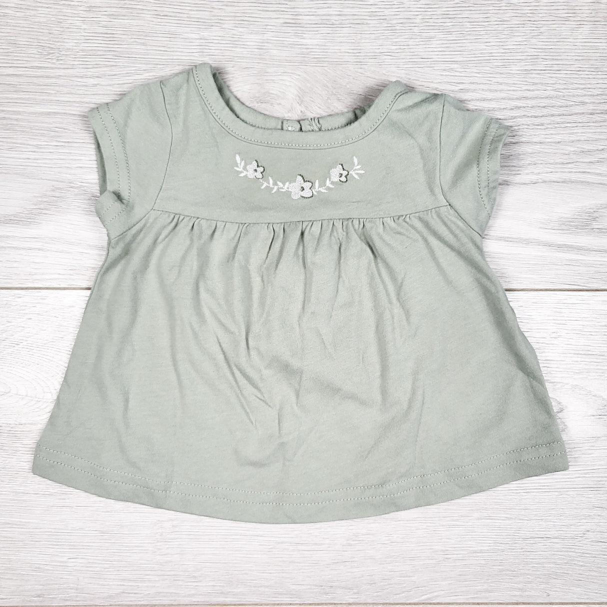 Child of Mine sage green t-shirt with embroidery. Size 0-3 months