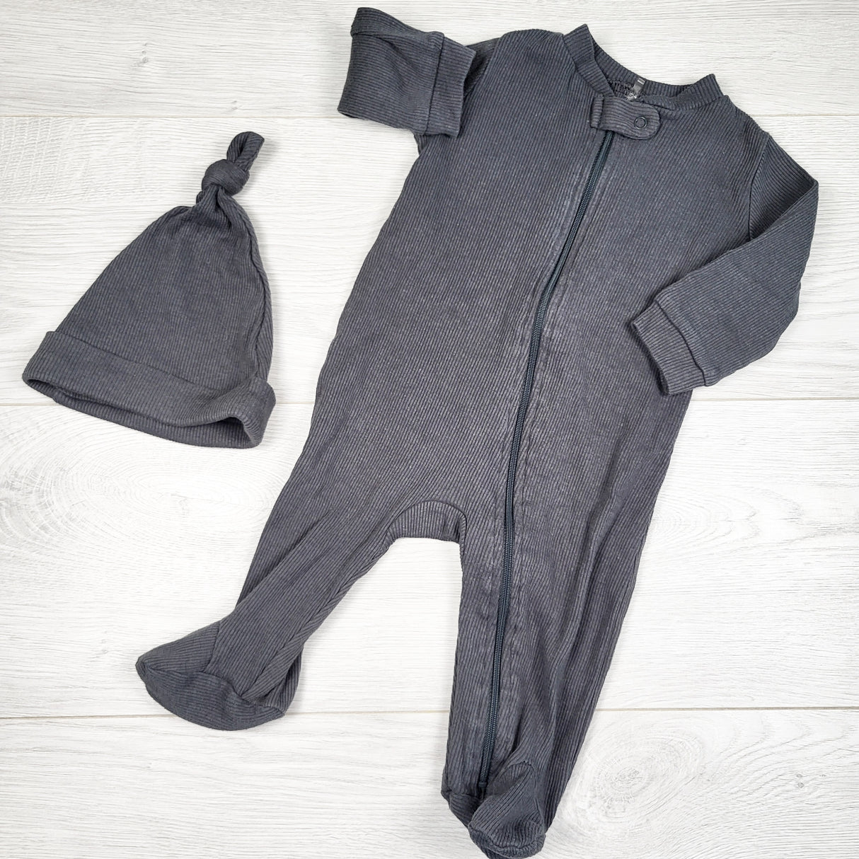 Chick Pea grey ribbed sleeper + hat. Size 0-3 months