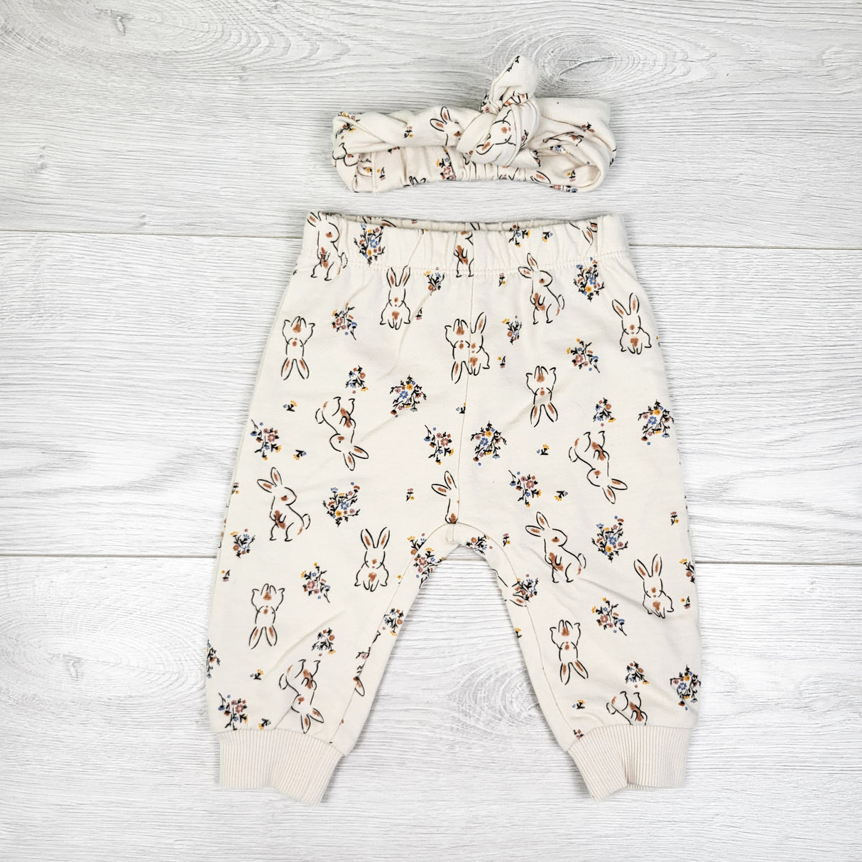 PL Baby beige bunny joggers and matching headband. Size 6 months