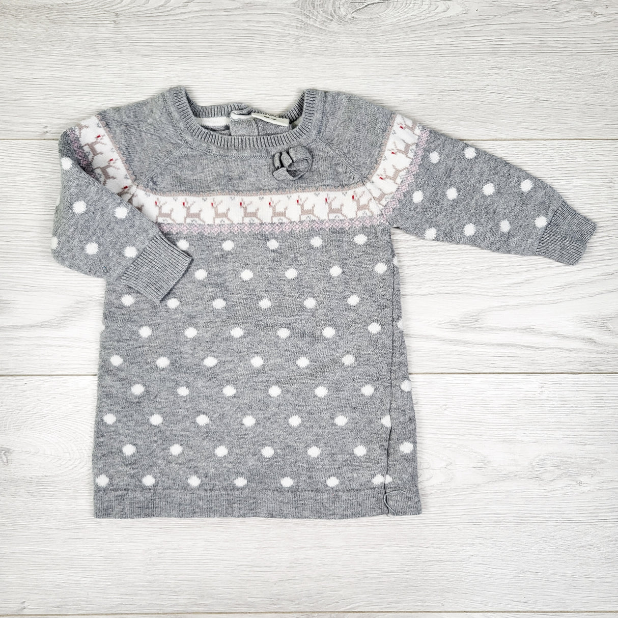 Nevada grey polka dot sweater dress with reindeer. Size 6 months