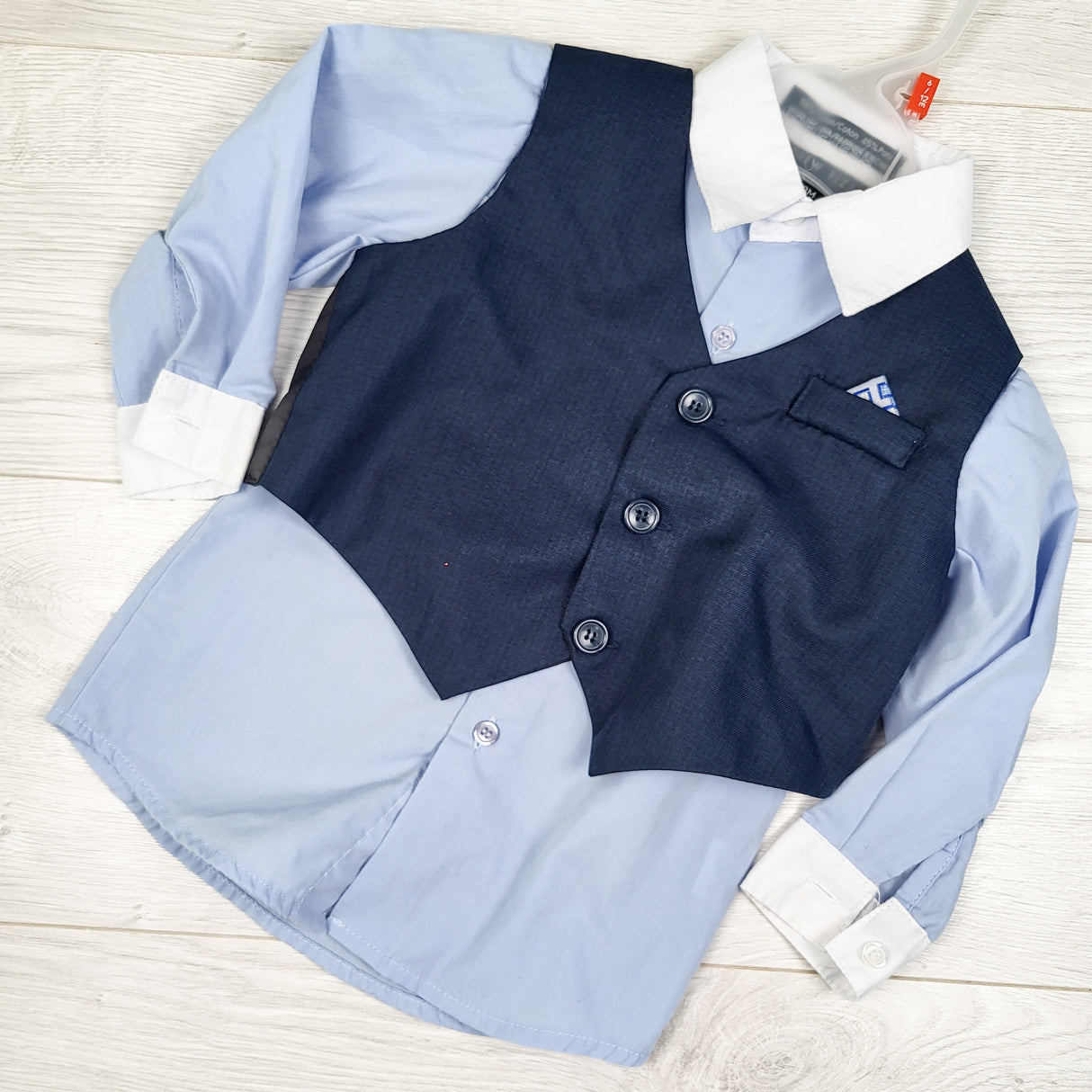Andrew Fezzz navy dress shirt and suit vest. Size 18 months