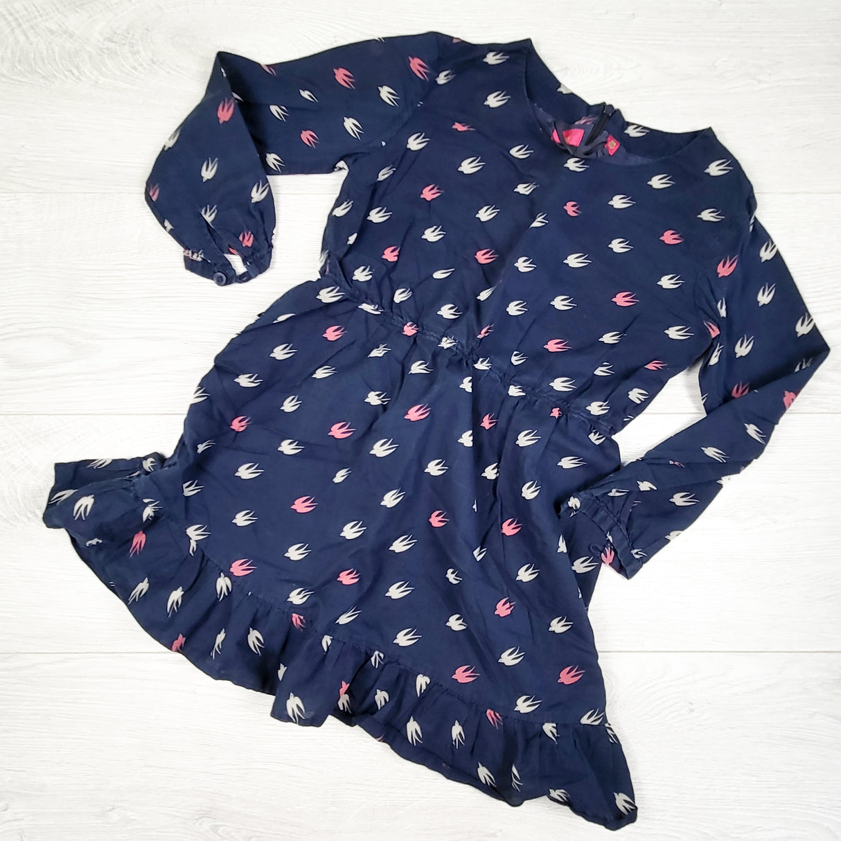 UNIQLO x UNDERCOVER "UU" Navy Swallow Print Ruffle Dress. Size 5/6