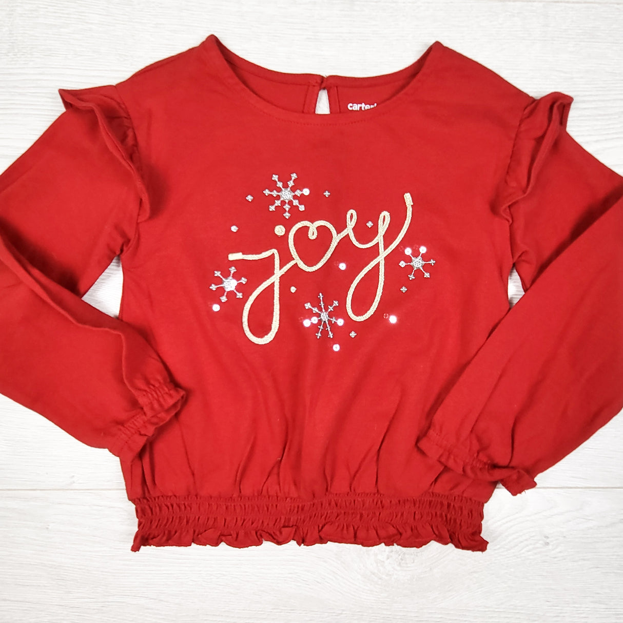 Carters red "Joy" ruffle top. Size 5T