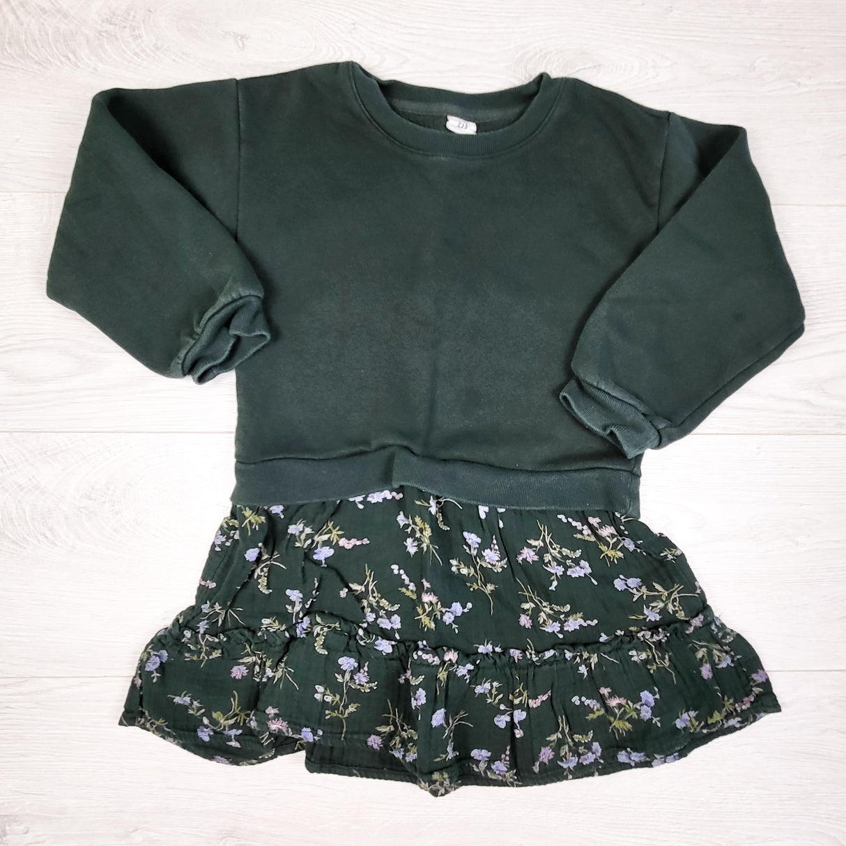 Gap forest green sweatshirt dress with floral skirting. Size 5T - AS IS