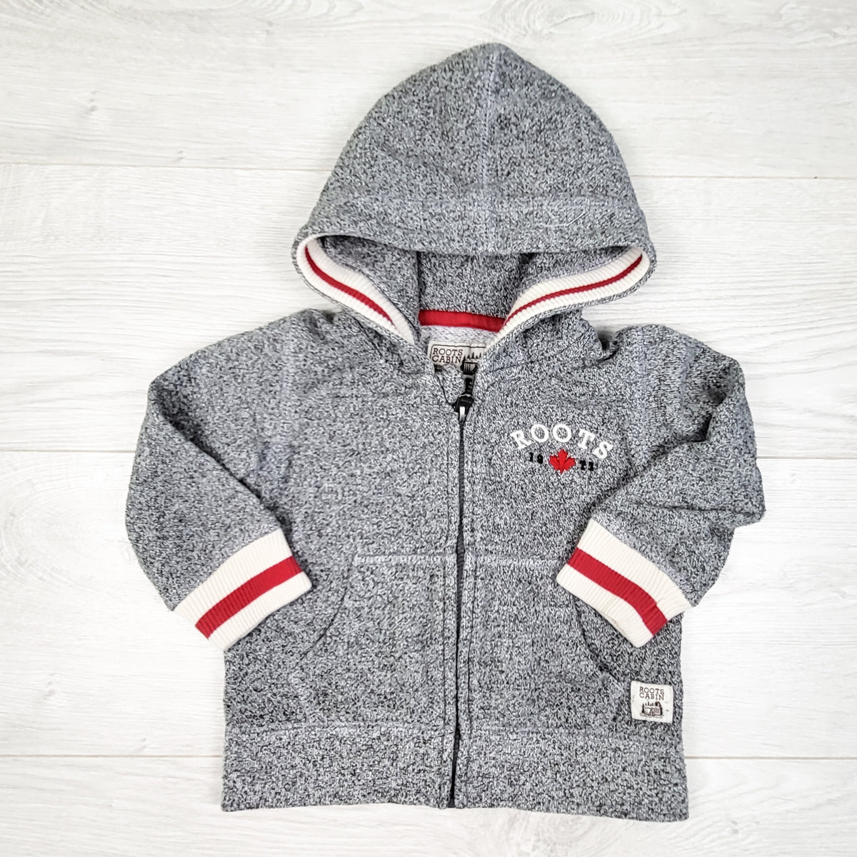 Roots Cabin salt and pepper zip up hoodie. Size 12-18 months