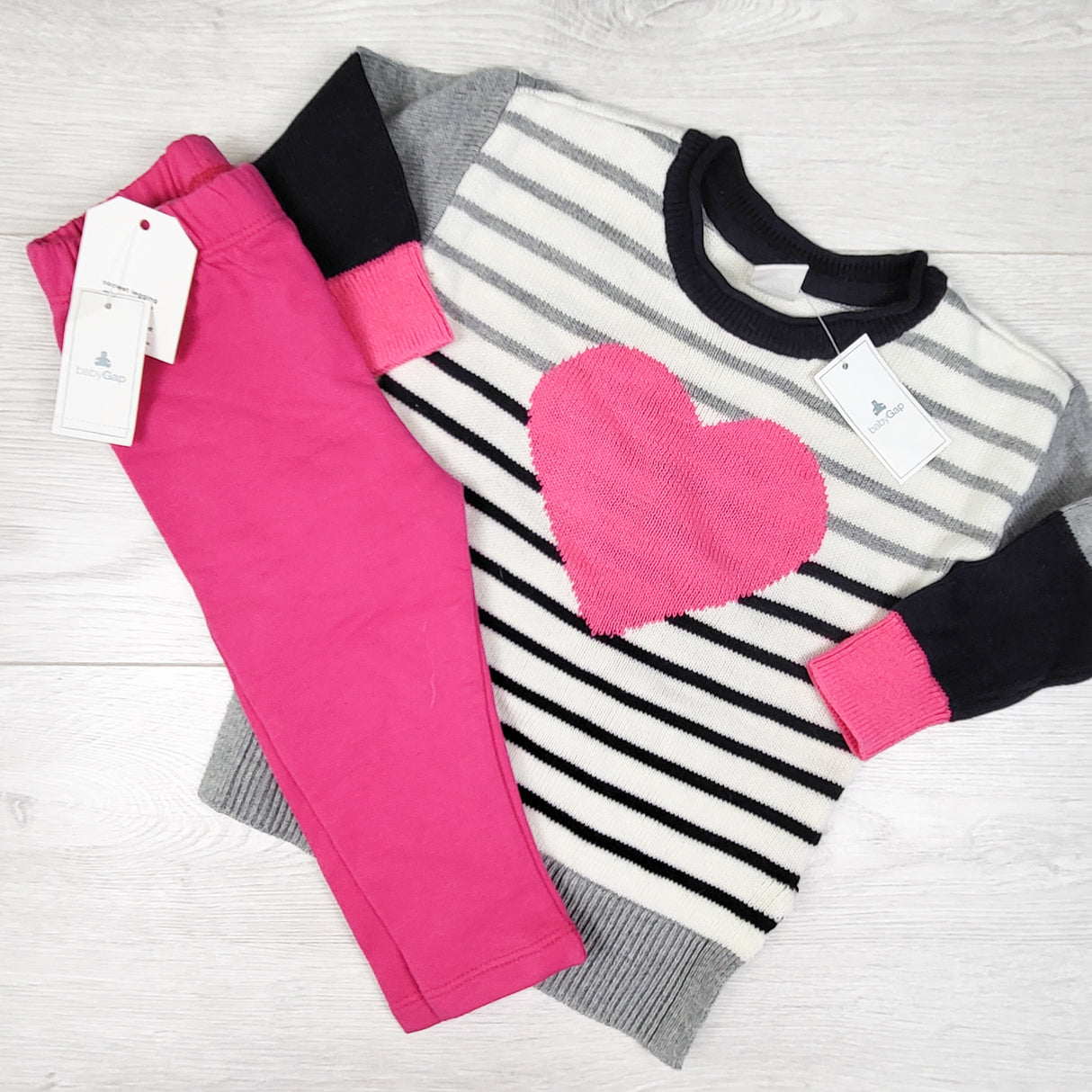 NEW - Gap striped heart sweater and matching leggings. Size 12-18 months