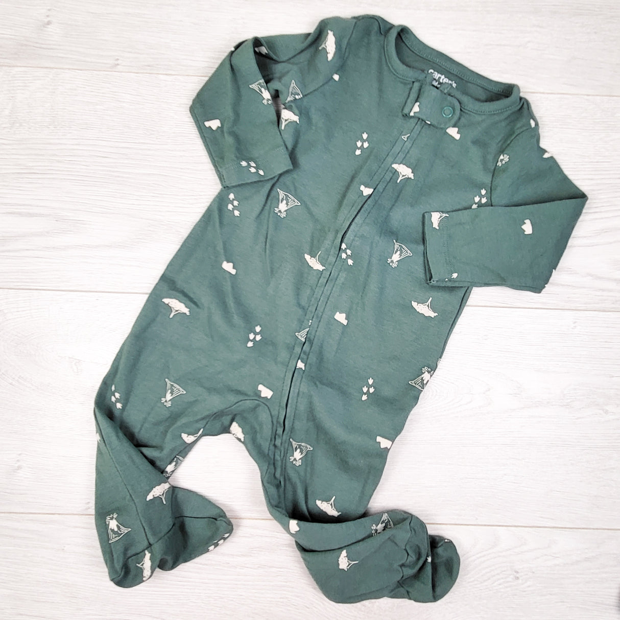 Child of Mine green zippered sleeper with trees. Size 3-6 months