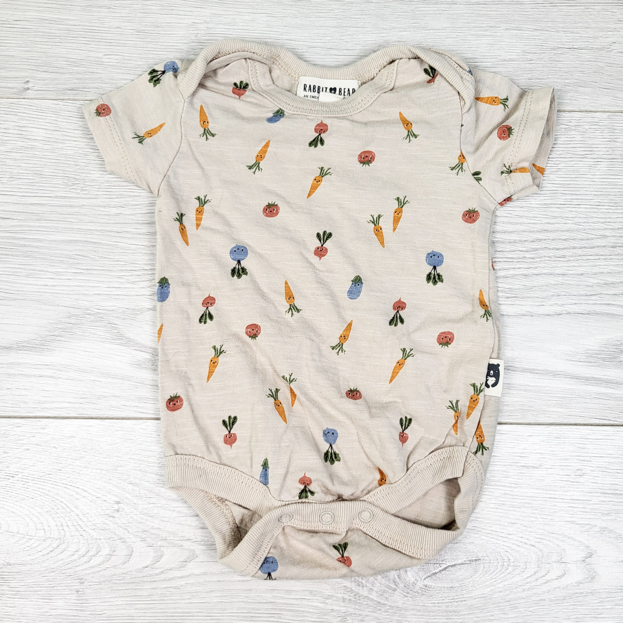 Rabbit and Bear beige vegetable print bodysuit. Size 0-3 months