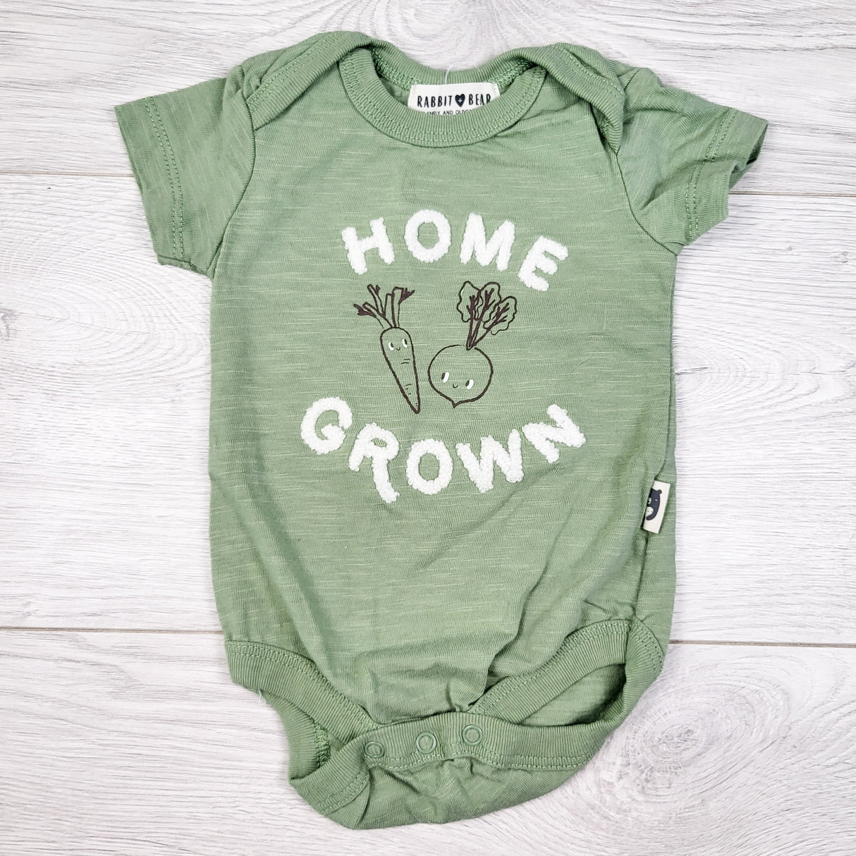 Rabbit and Bear green "Home Grown" bodysuit. Size 0-3 months