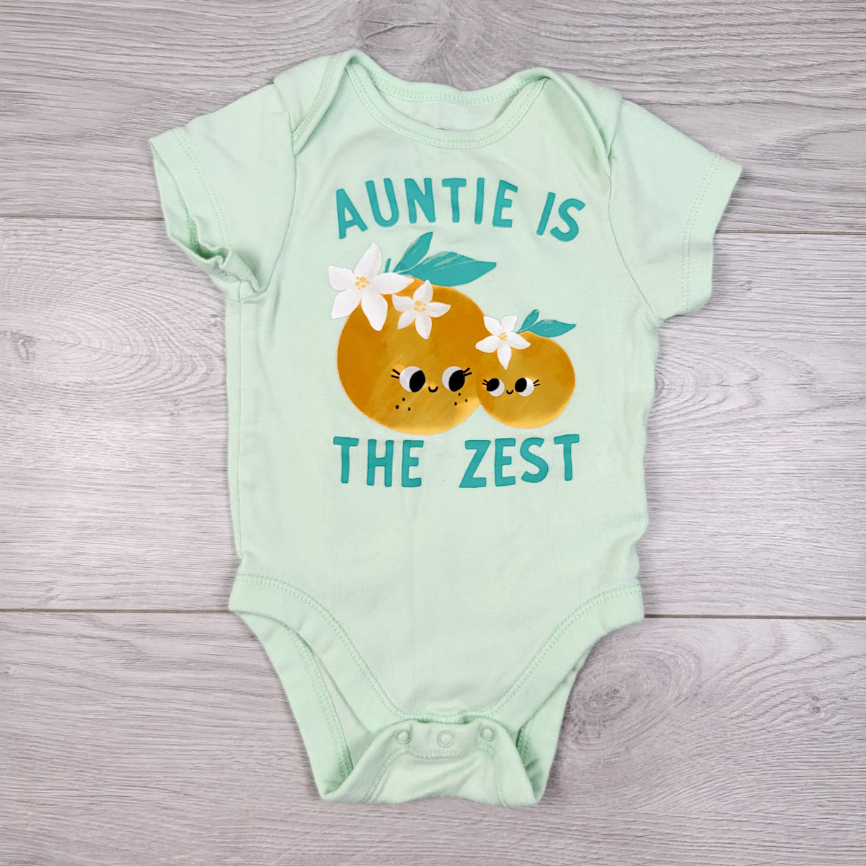 Old Navy green "Auntie is the Zest" bodysuit. size 3-6 months