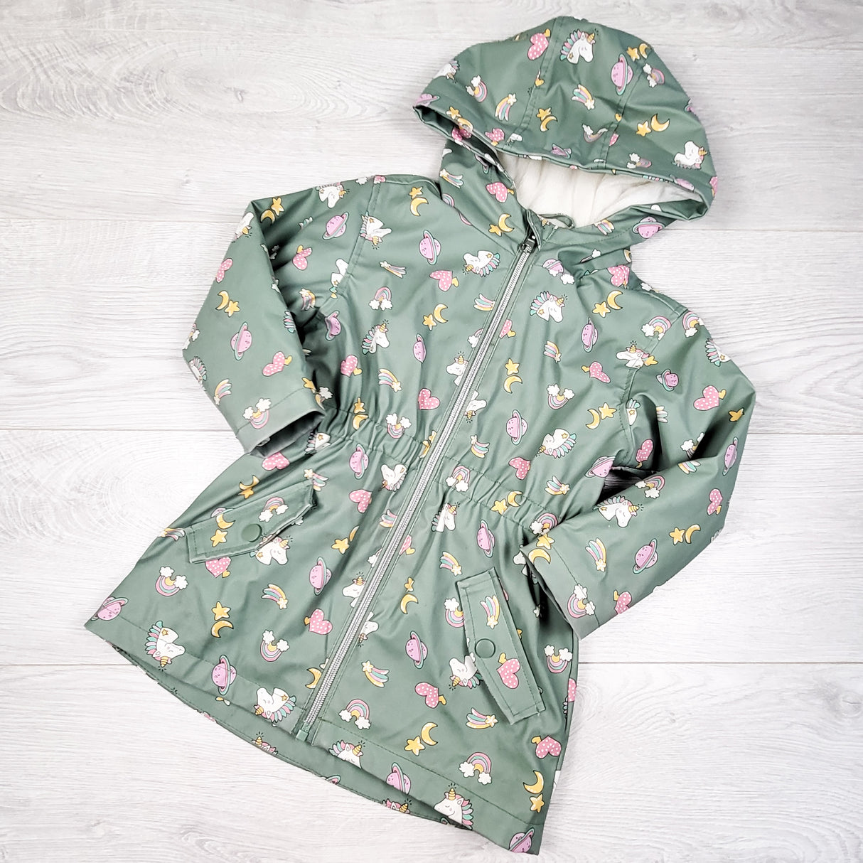 Liv and Lottie green minky lined rain jacket. Size 3T