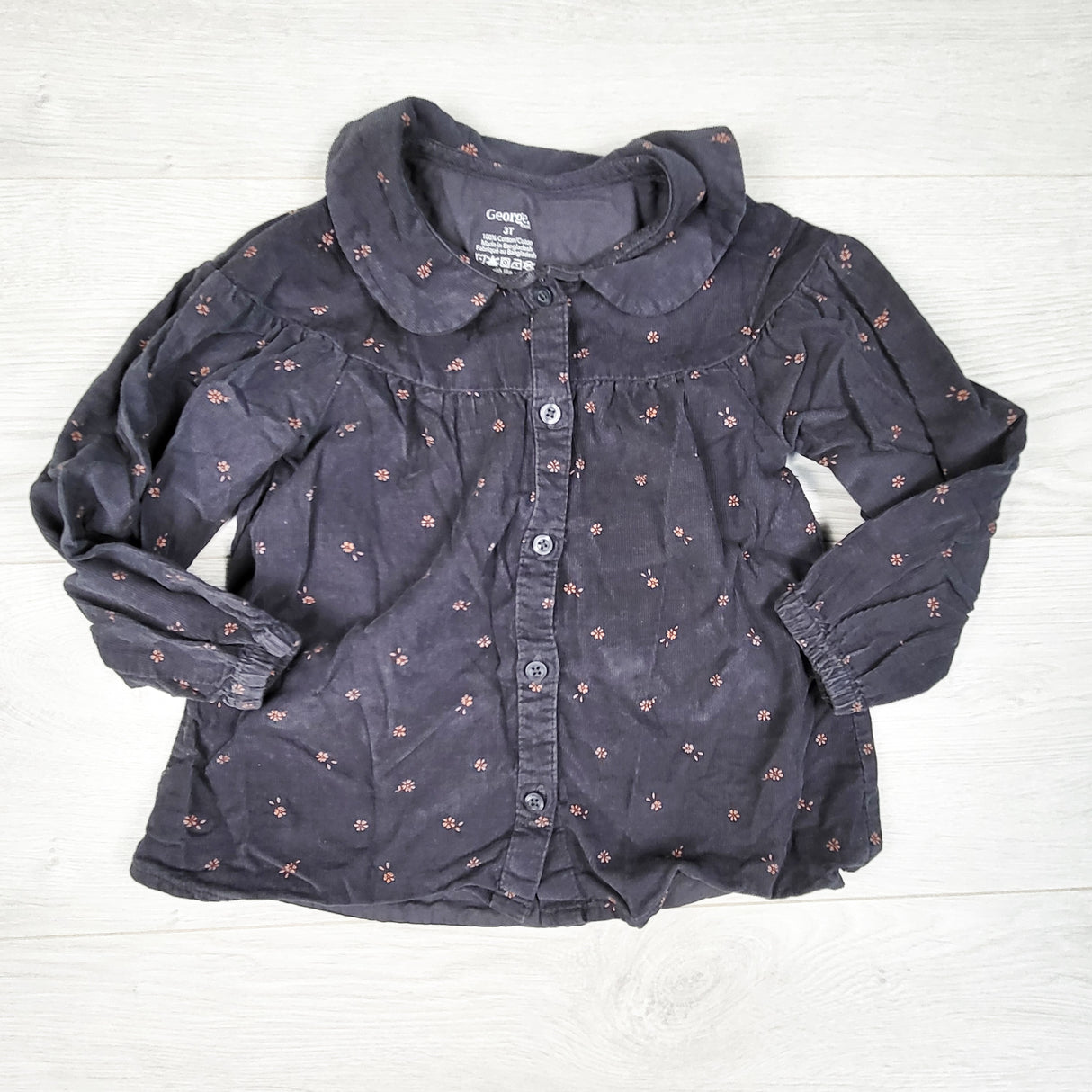George grey floral print button down corduroy top. Size3T