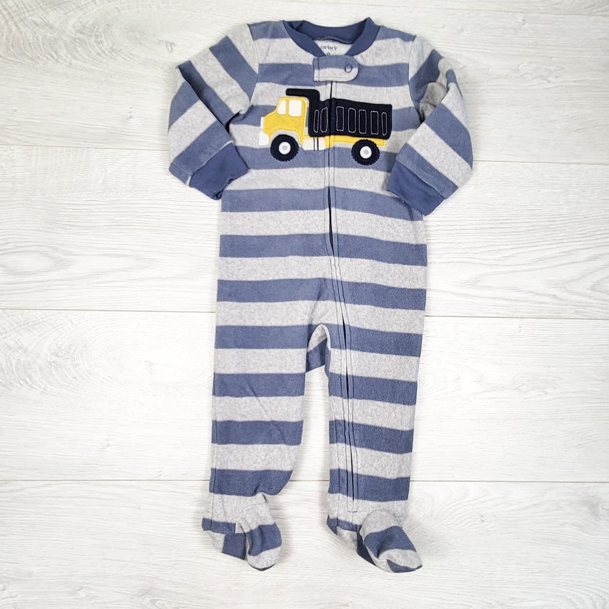 Carters blue and grey striped fleece sleeper with dump truck. Size 9 months