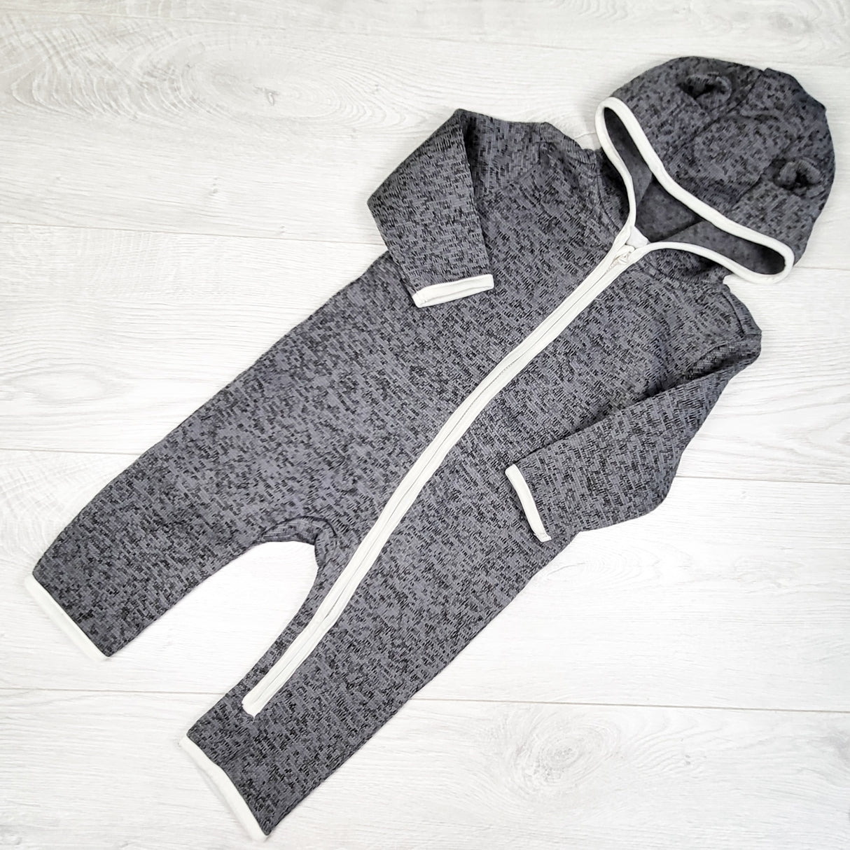 Joe grey knit hooded active romper. Size 6-12 months