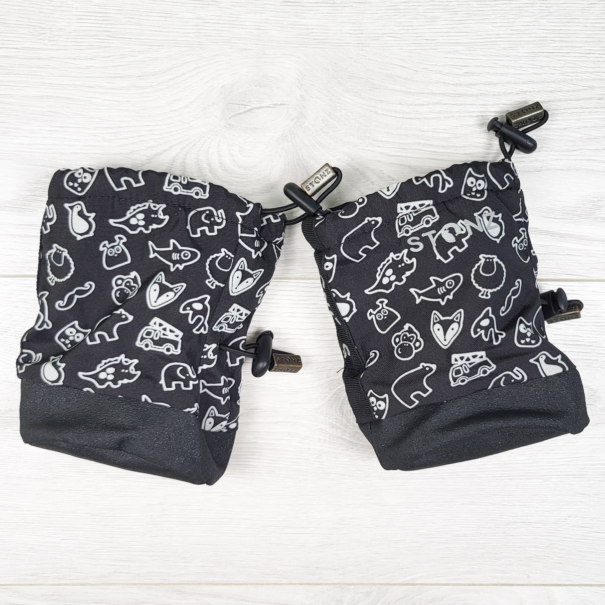 Stonz black doodle print waterproof booties. Size small (0-9 months)
