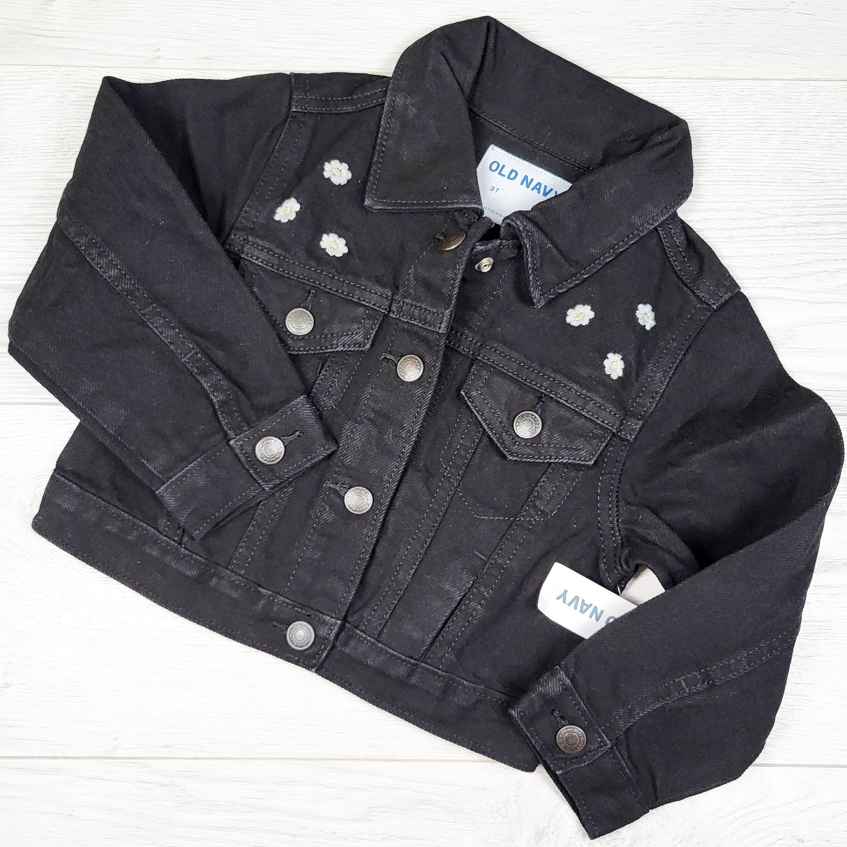 NEW - Old Navy black jean jacket with floral embroidery. Size 3T