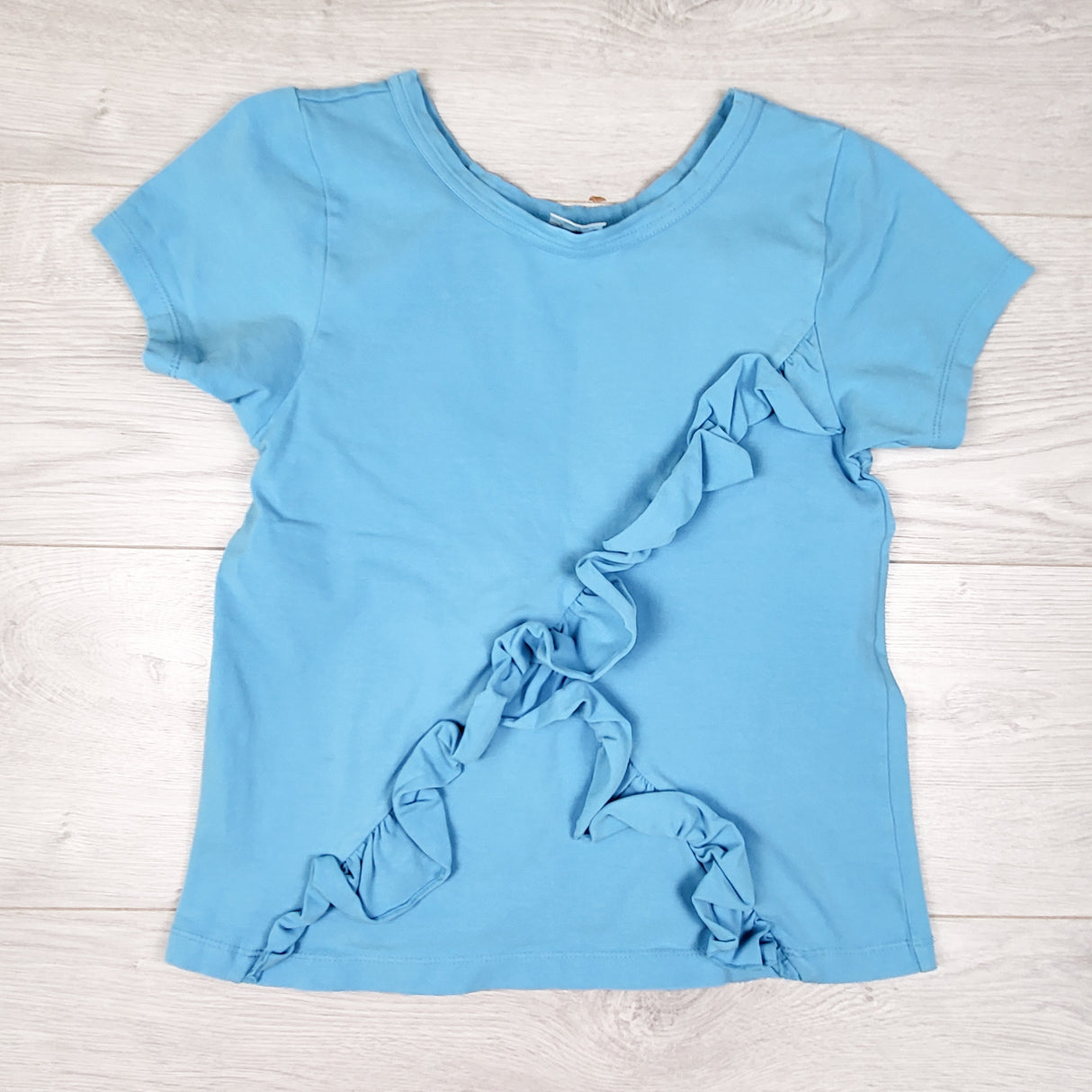 Peekaboo Beans blue ruffle t-shirt. Size 8