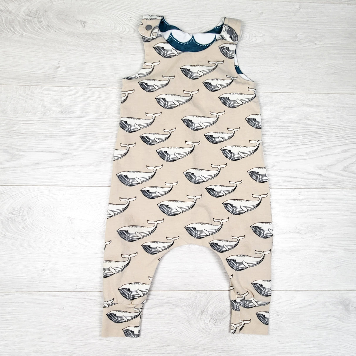 Handmade whale print cotton overalls. Approx 12-18 months