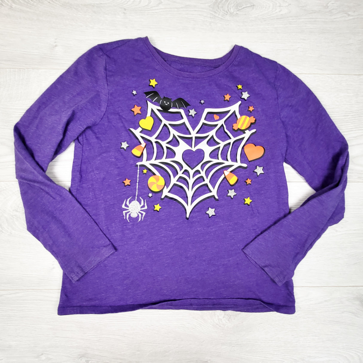 Children's Place purple long sleeve top with spider web. Size 10/12