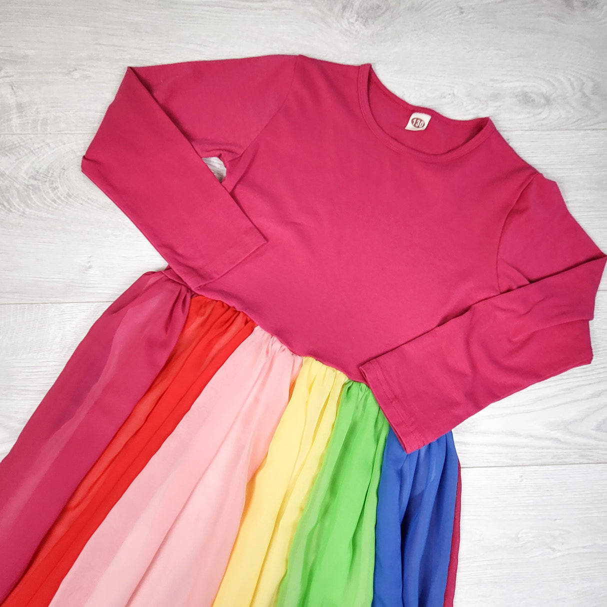 Rainbow Chiffon Panels Long-Sleeve Twirl Dress. Size medium