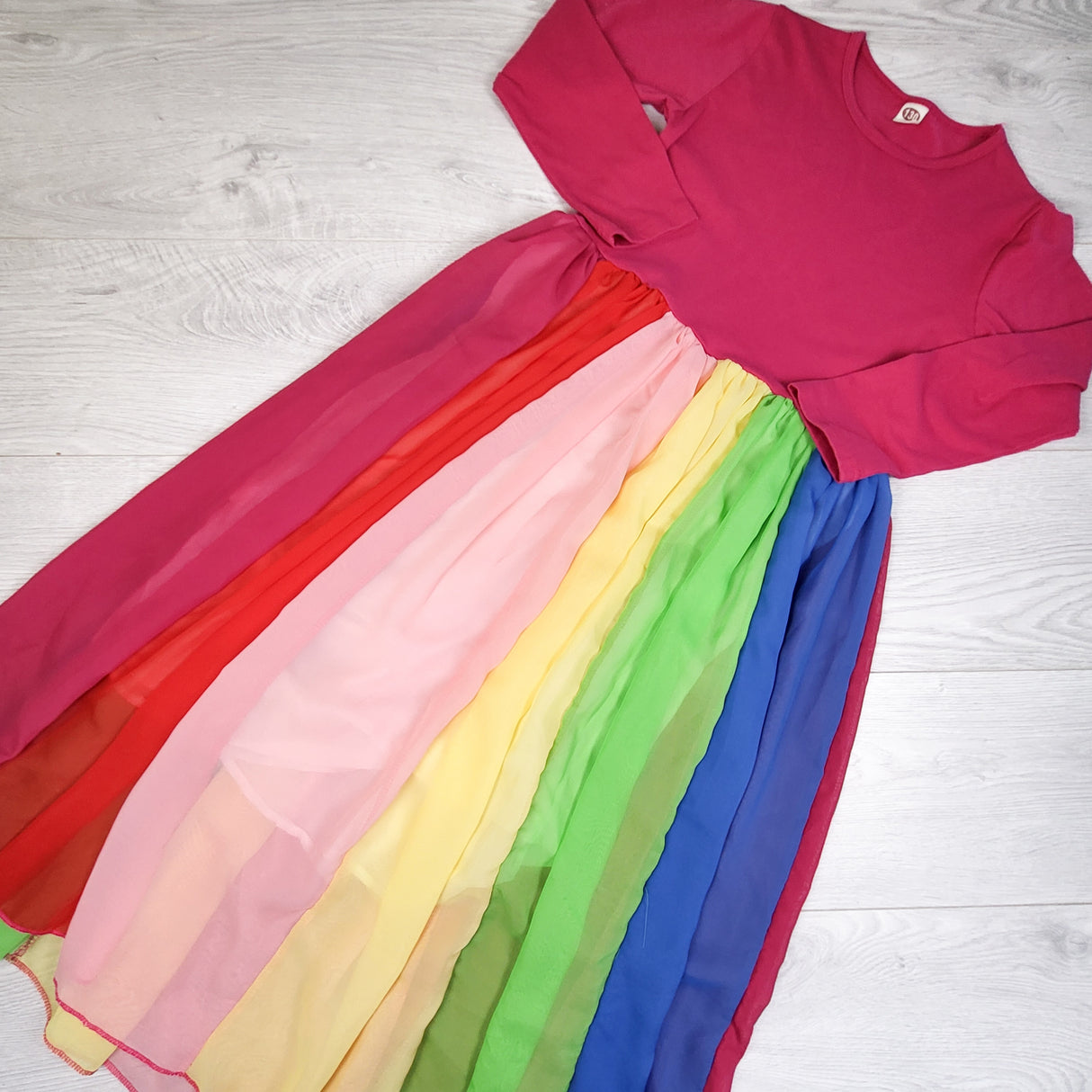 Rainbow Chiffon Panels Long-Sleeve Twirl Dress. Size medium