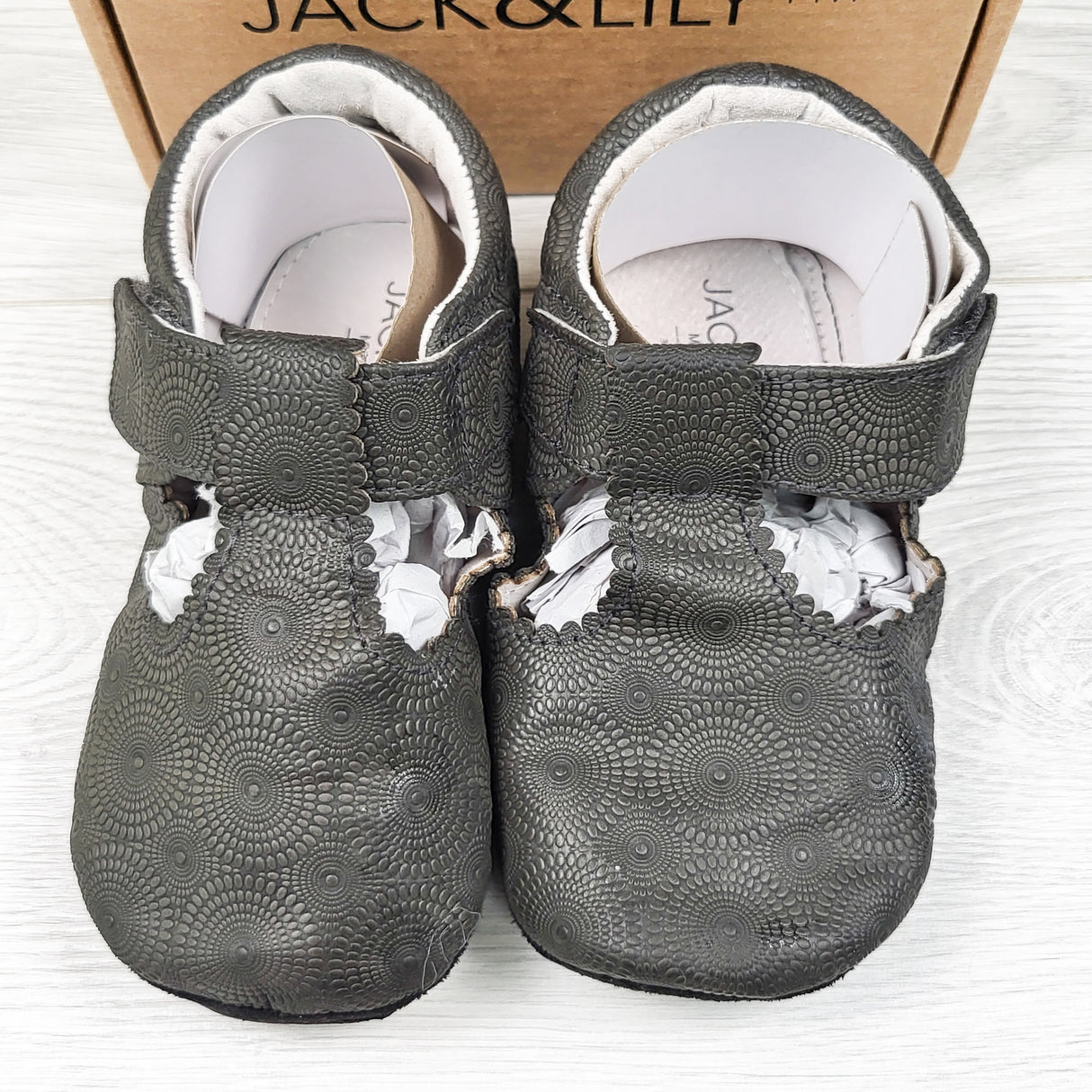 NEW - Jack and Lily charcoal T-bar style leather shoes. Size 30 to 36 months