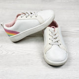 Carters white slip-on sneakers with rainbow stripes on back. Size 7