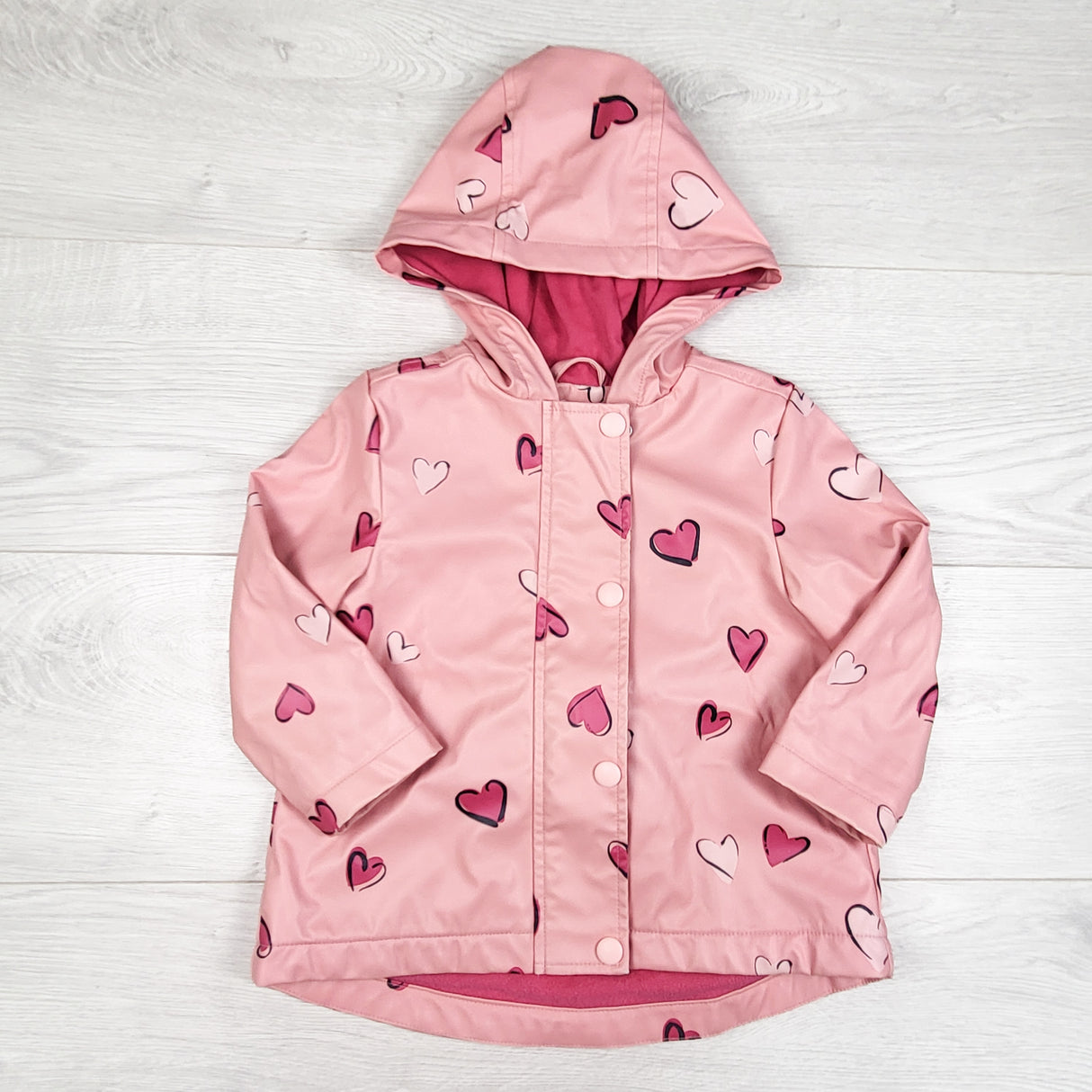 Joe Fresh pink hooded rain jacket with hearts. Size 12-18 months
