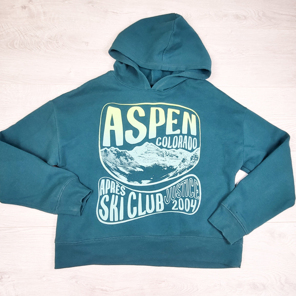 Justice teal green fleece lined "Aspen" hoodie. Size 12/14
