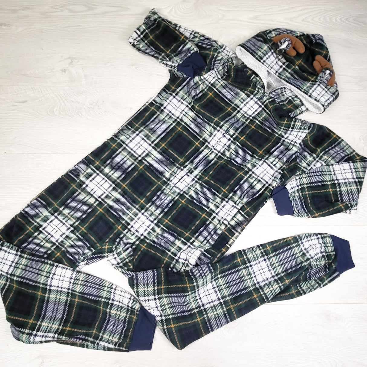 Children's Place navy plaid fleece reindeer onesie. Size 10/12