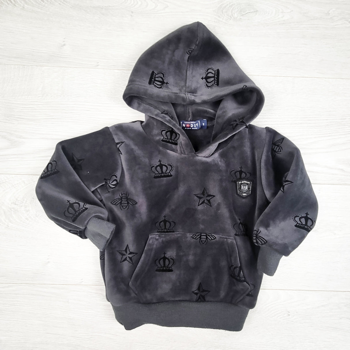 Noddy grey super plush velour hoodie with crowns. Size 1 to 2 Years