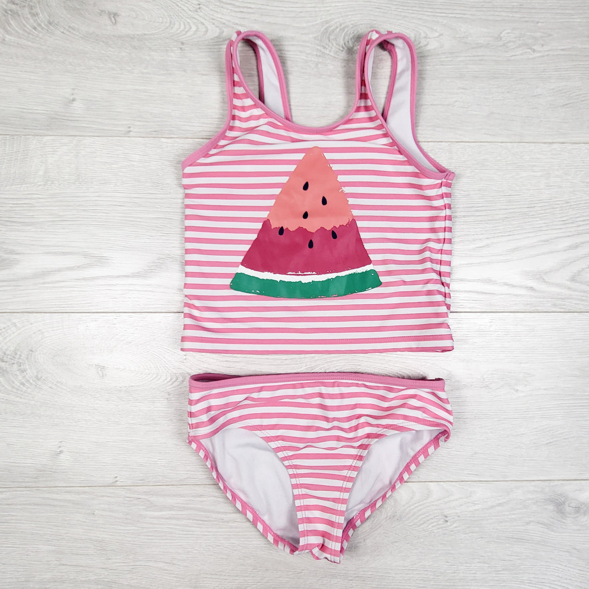 Joe pink striped 2pc swimsuit with watermelon. Size 7/8