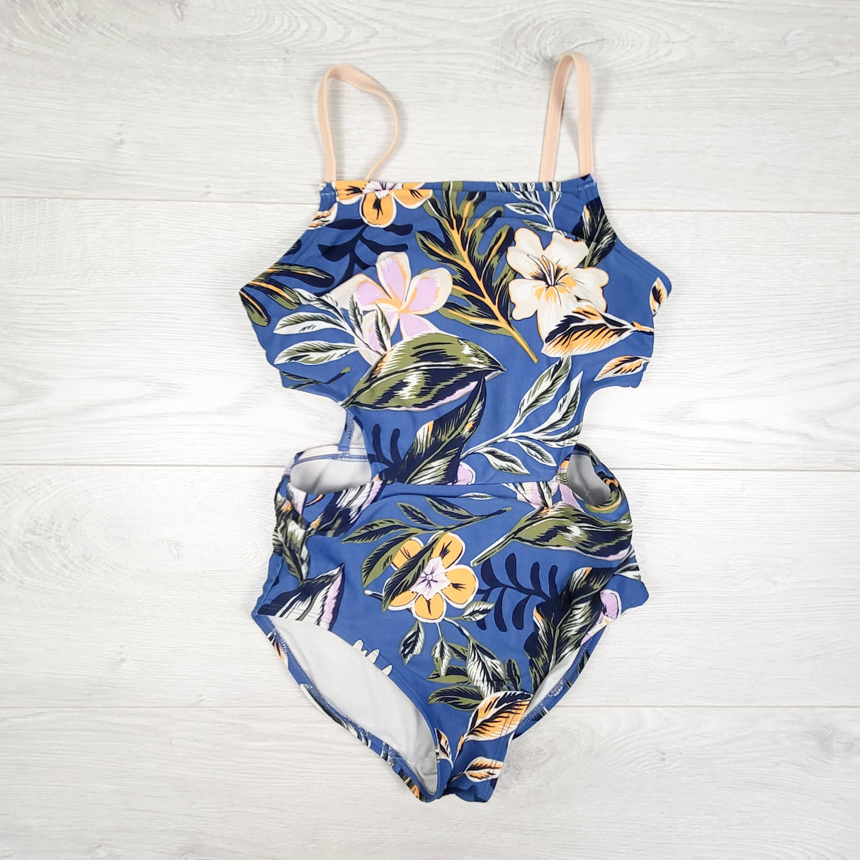 Oshkosh blue floral print one piece cut-out style swimsuit. Size 10