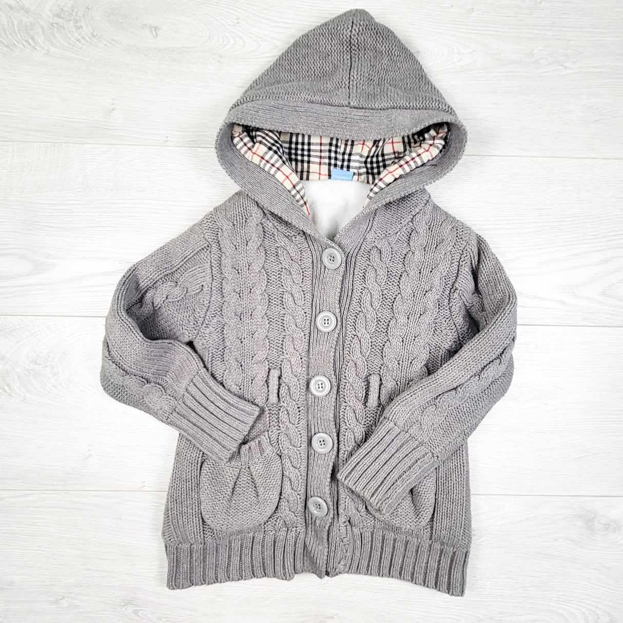 Disney grey minky lined hooded cabe knit sweater. Size 8