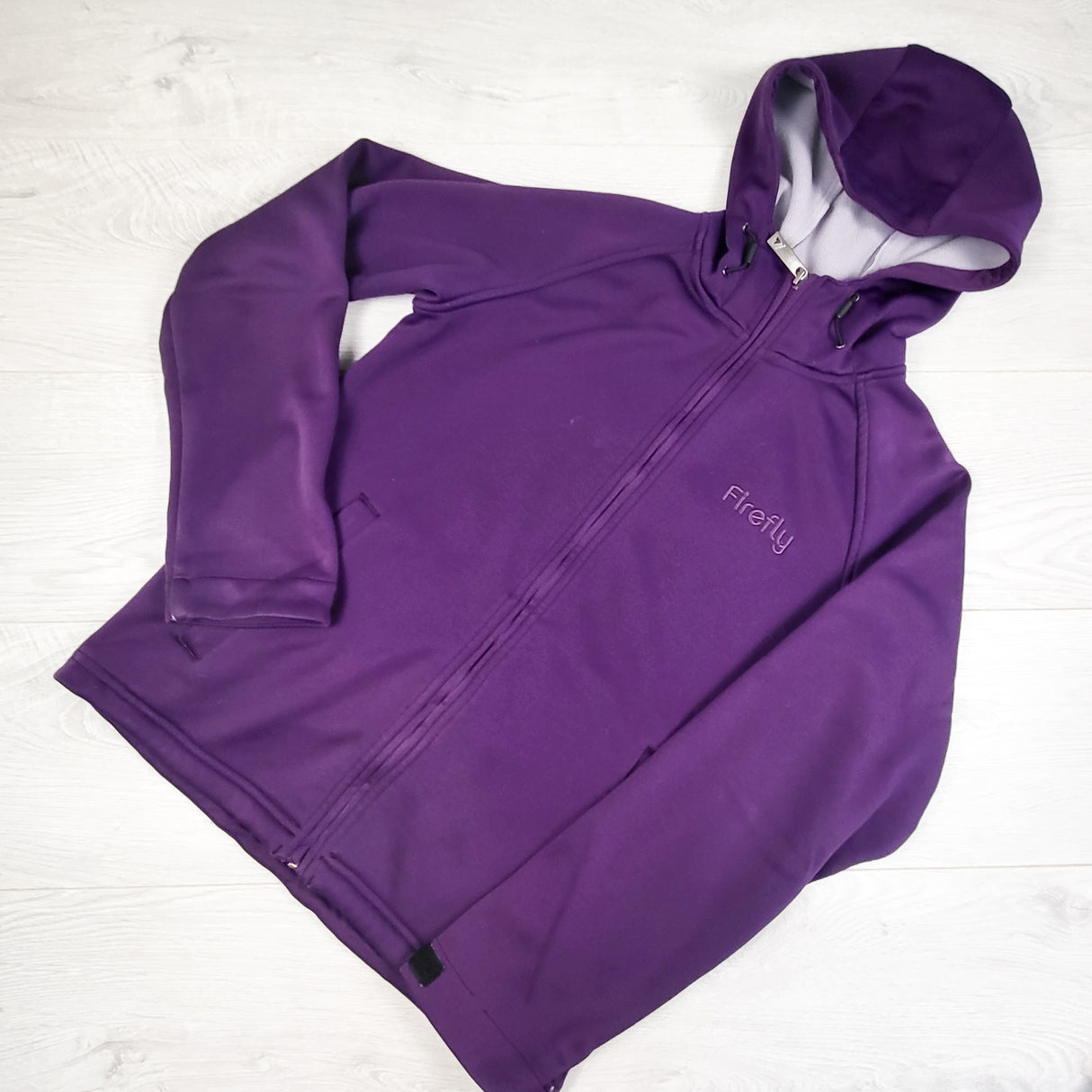 Firefly purple fleecy lined soft shell zip up hooded jacket. Size large