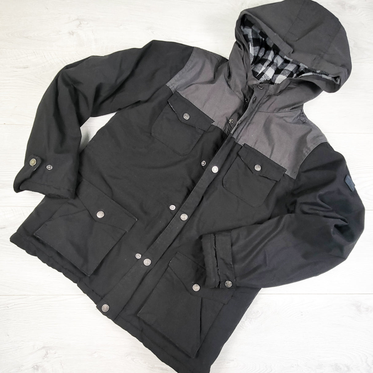 West 49 black and grey flannel lined parka jacket. Size 14