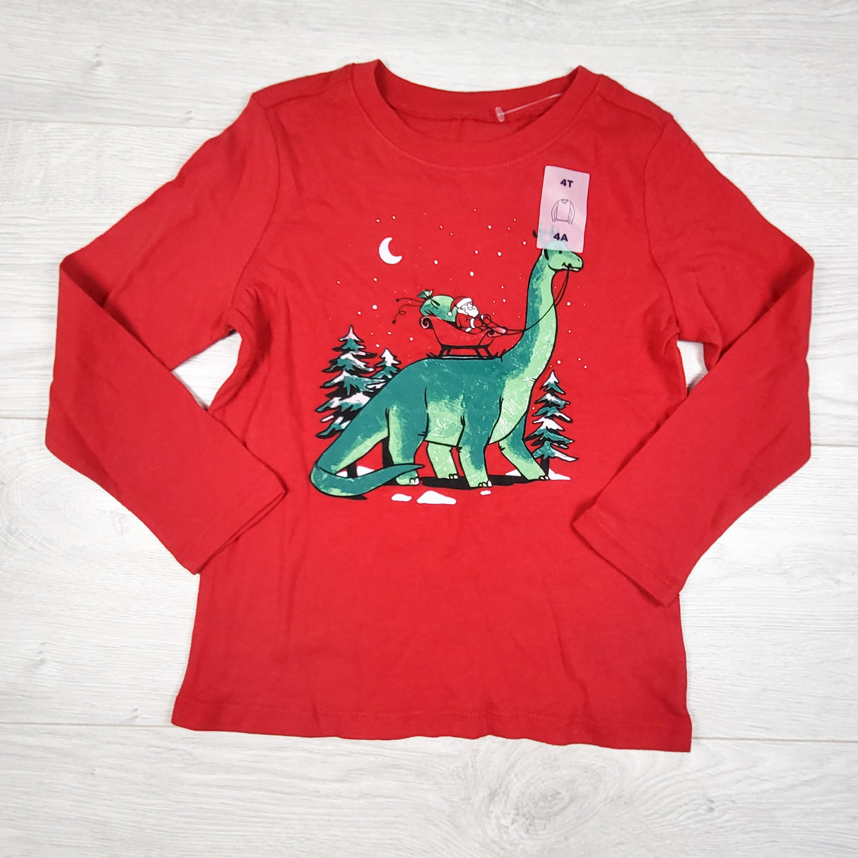 NEW - Old Navy red top with Santa riding a dinosaur. Size 4T