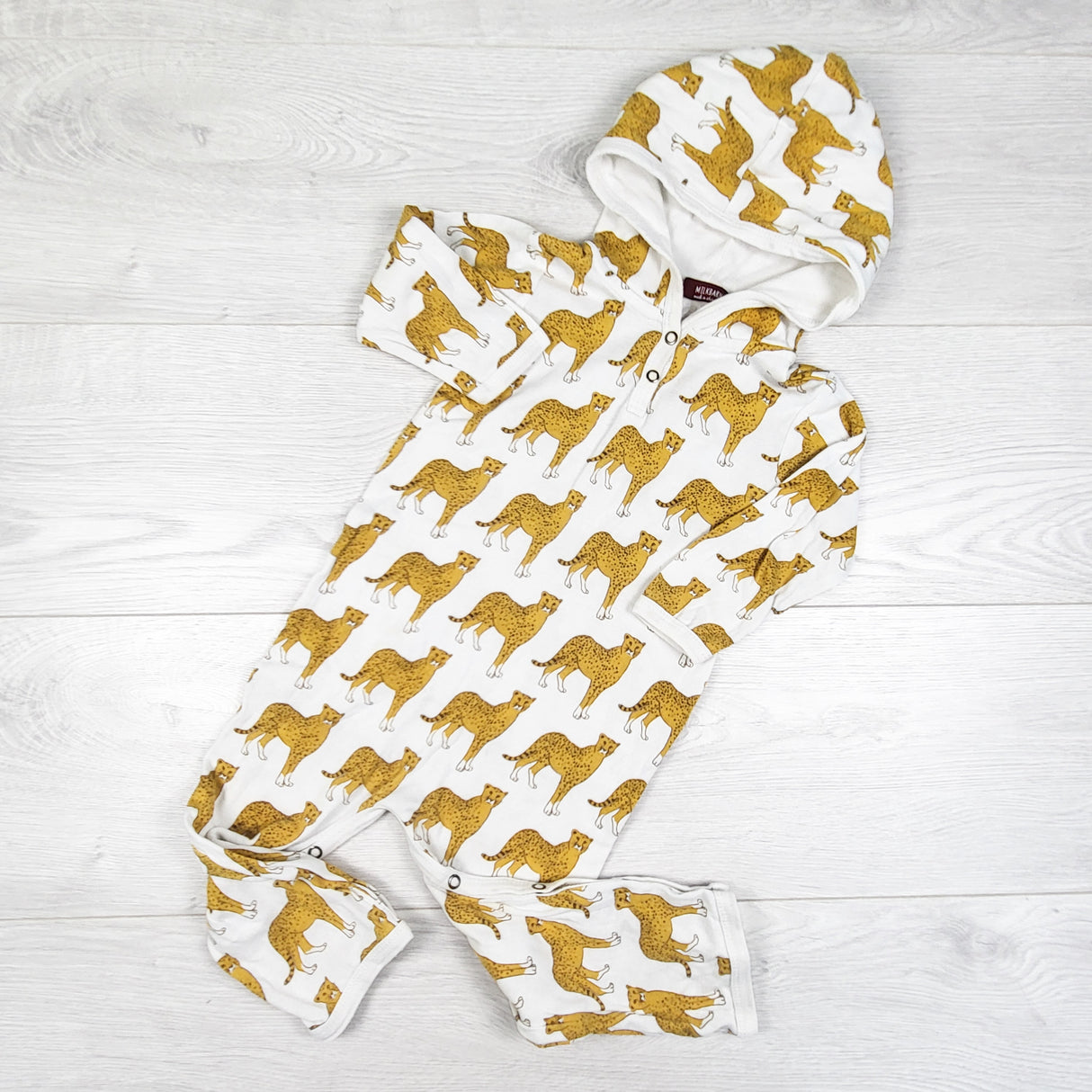 Milkbarn hooded organic cotton romper with cheetahs. Size 12-18 months