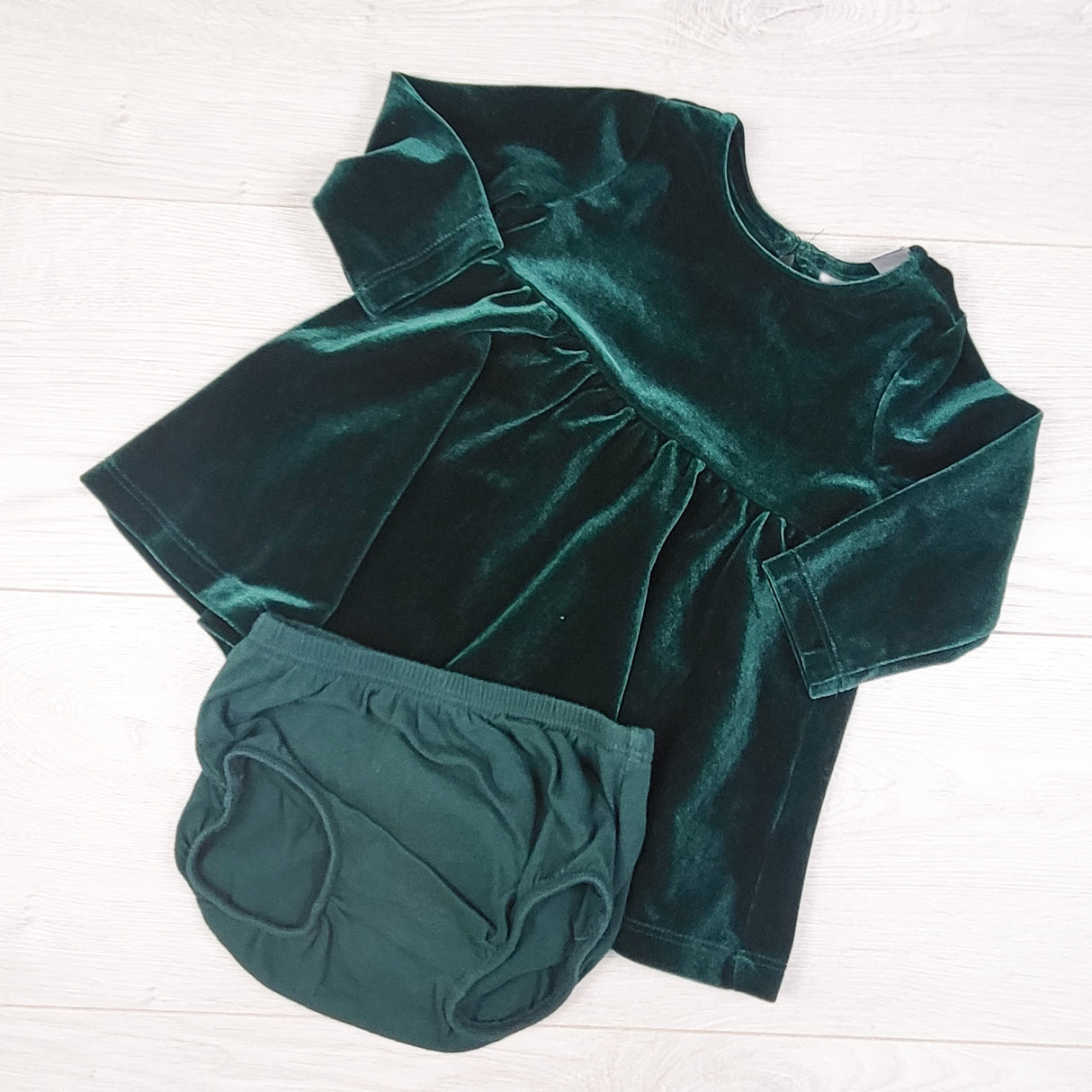 Children's Place green velvet dress with diaper cover. Size 6-9 months