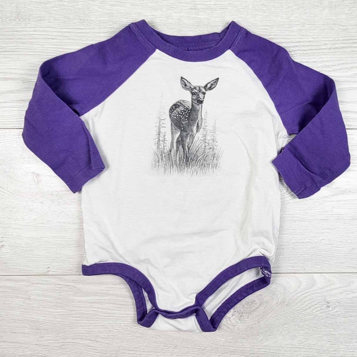 Bass Bro Shops purple and white raglann bodysuit with deer. Size 18 months