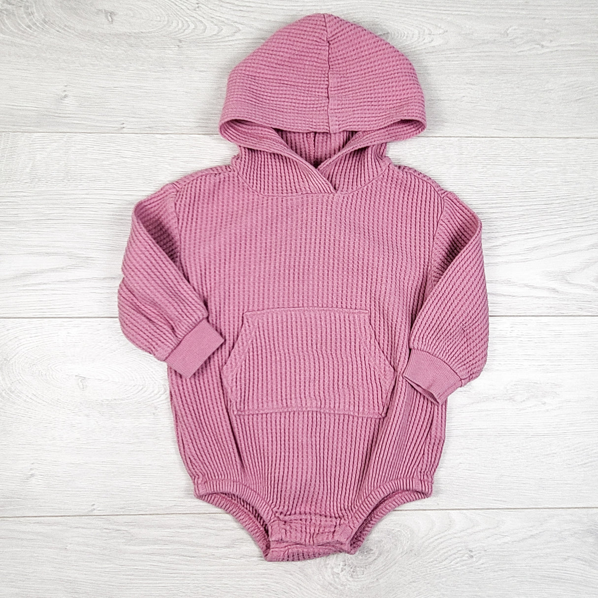 Old Navy pink hooded waffle knit bubble romper. Size 6-12 months