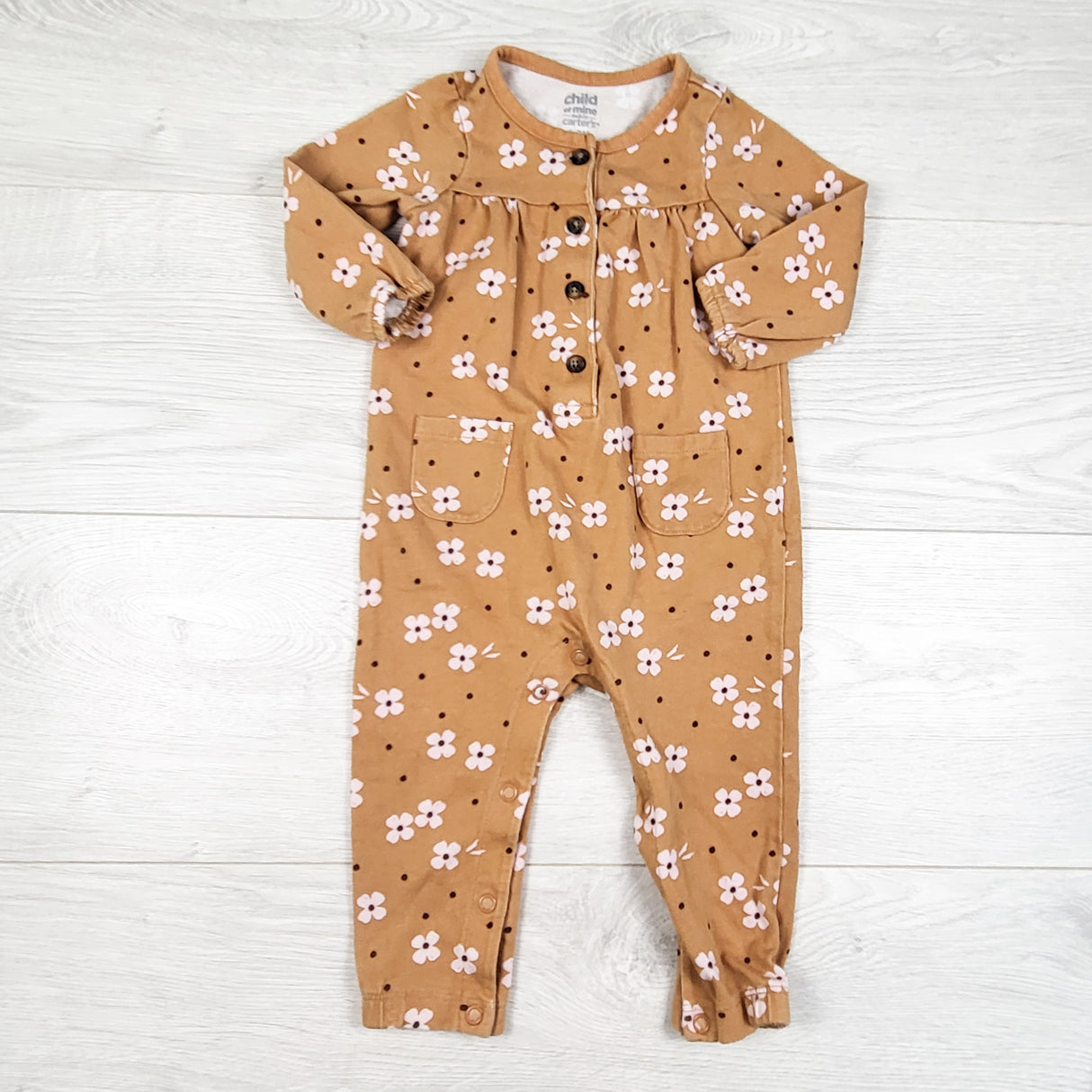 Child of Mine tan floral print romper. Size 6-9 months