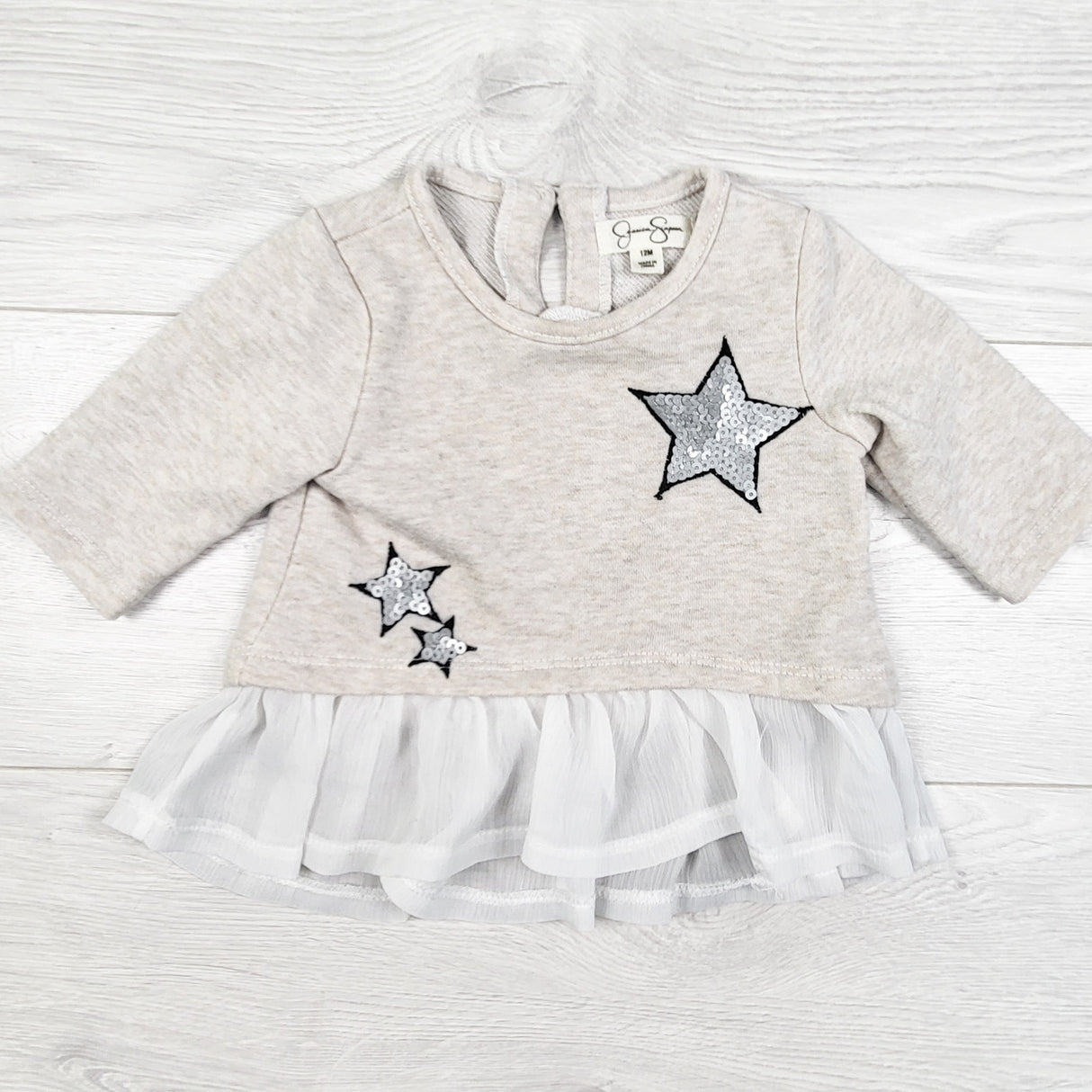 Jessica Simpson beige sweatshirt with sequin stars. Size 12 months