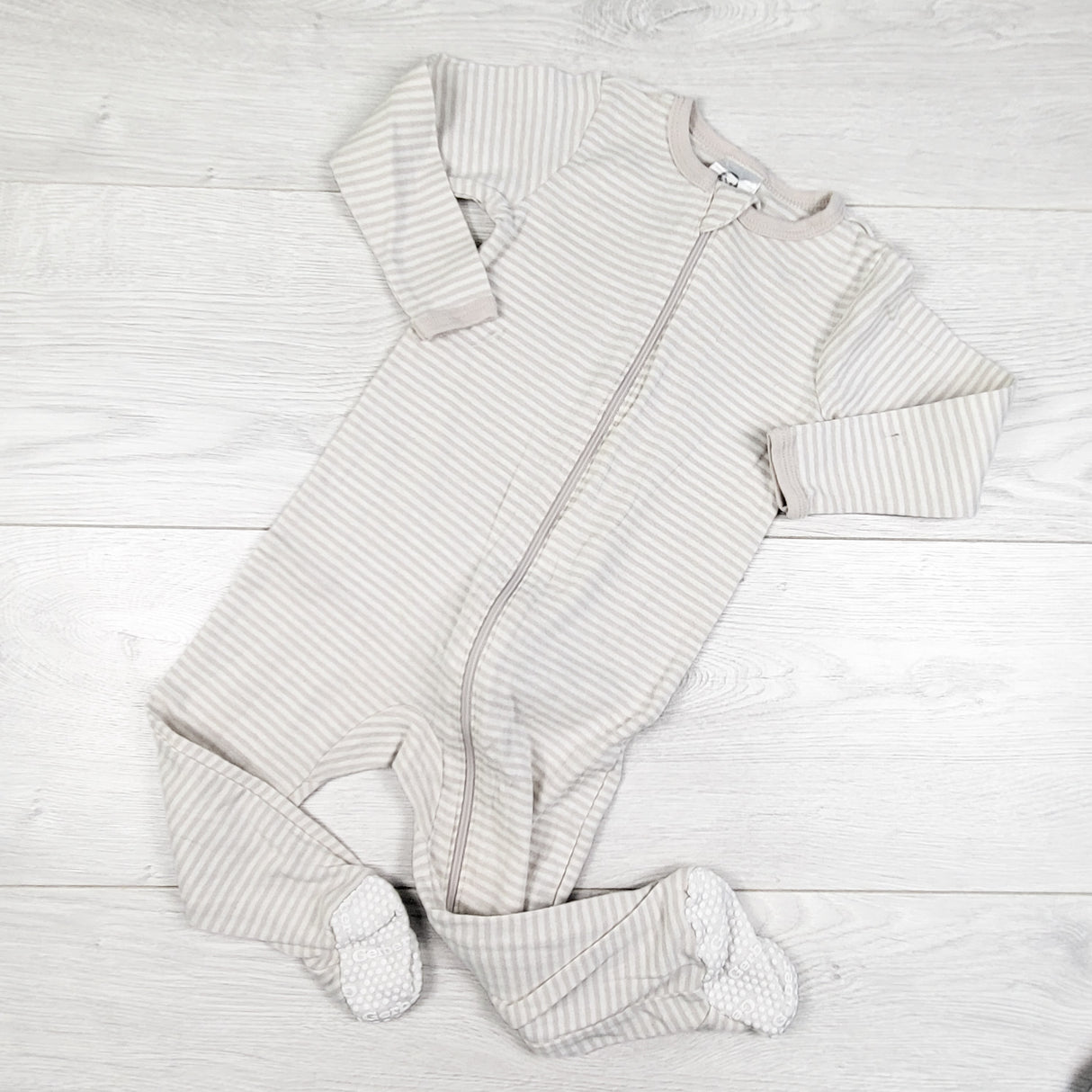 Gerber beige striped zippered cotton sleeper. Size 12 months