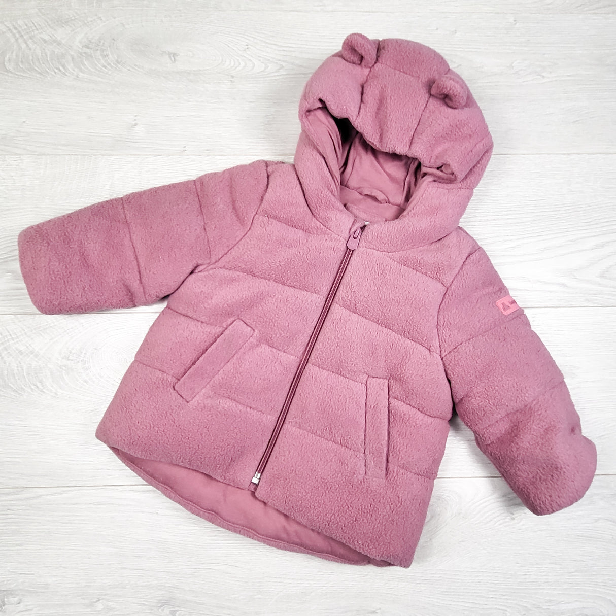 Gap pink sherpa hooded puffer jacket. Size 18-24 months