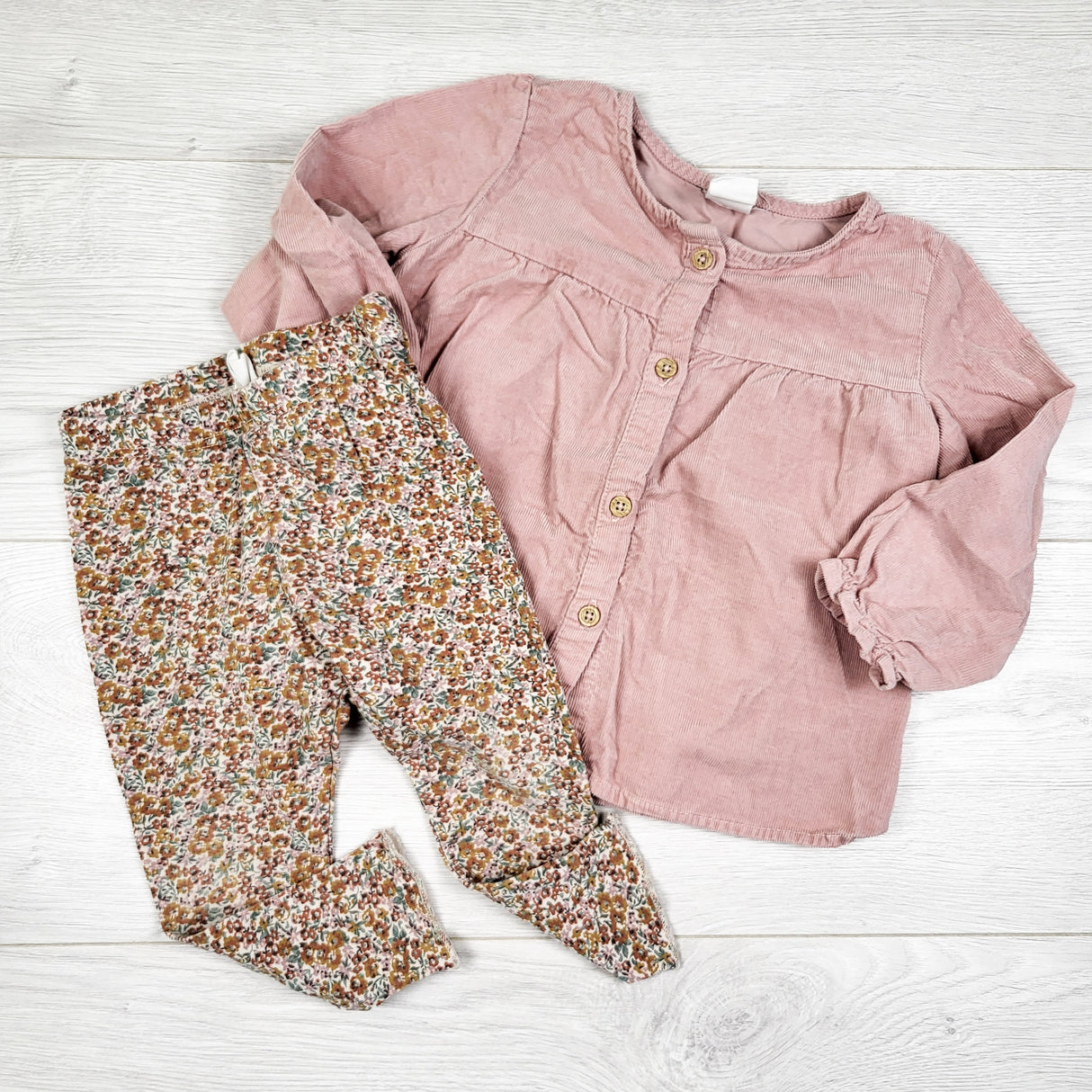 H and M corduroy top + leggings. Size 9-12 months