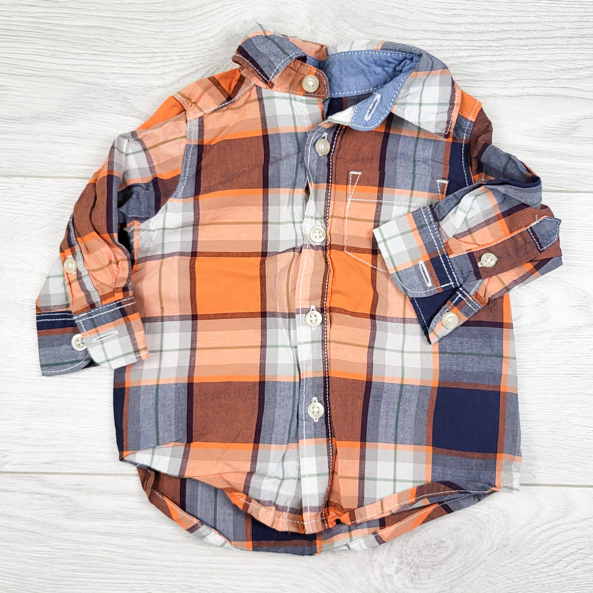 Carters orange plaid button down shirt. Size 3 months