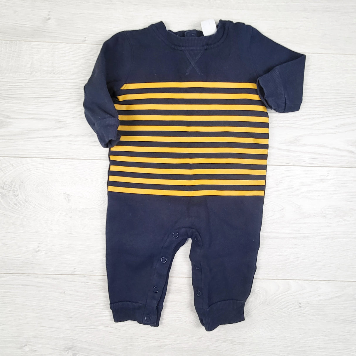 Joe navy and yellow striped sweatshirt romper. Size 3-6 months