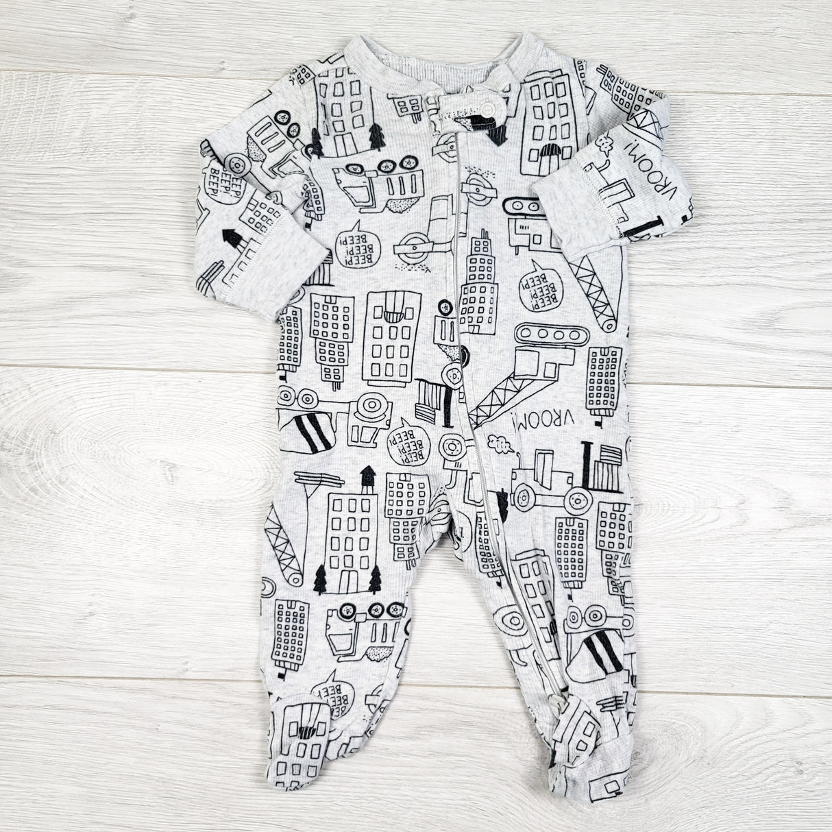 Carters grey rib knit zippered sleeper with construction theme. Size 3 months