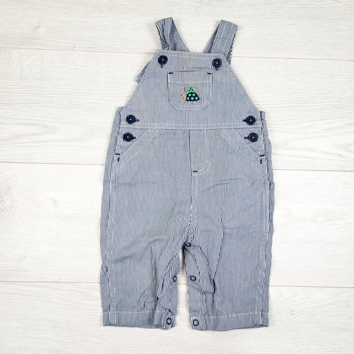 Child of Mine blue striped overalls with turtle. Size 3-6 months